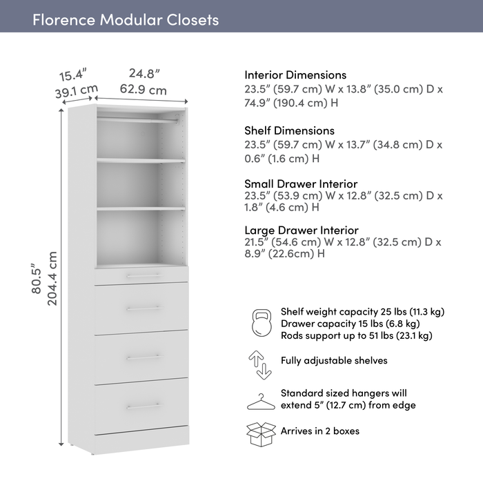 Bestar Florence 25\" Modular Reach-In/Walk-In Closet System with Storage - White