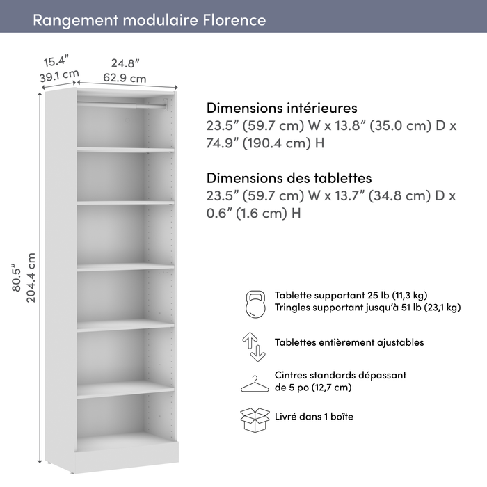 Bestar Florence 25\" Modular Reach-In/Walk-In Closet System with Shelves - White