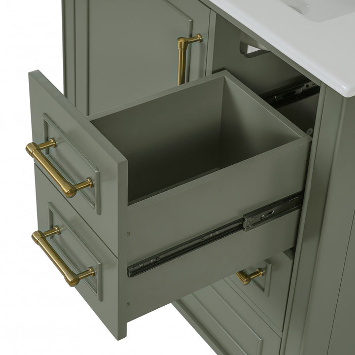 Emerson 30 Inch Bathroom Vanity with Ceramic Sink and Three Drawers, Olive Green