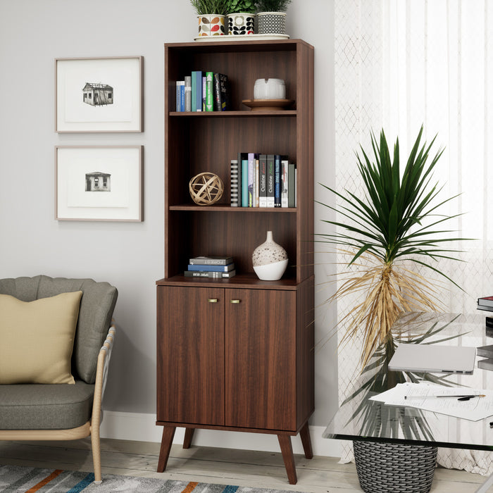 Milo Mid-Century Modern Tall Bookcase with Adjustable Shelves, 2 Doors & Brushed Brass-Finished Knobs - Cherry