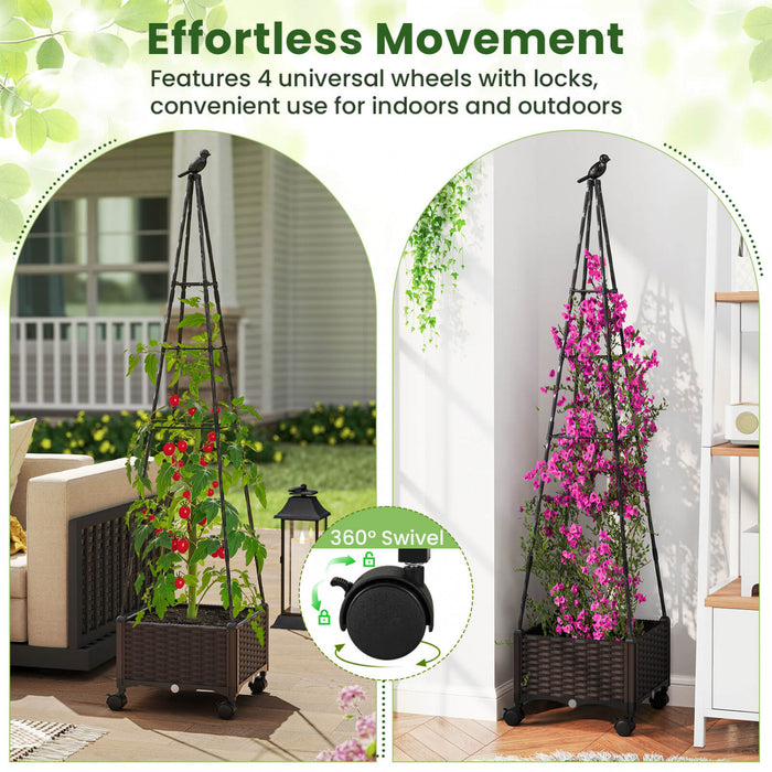 Costway 1 Pcs Raised Garden Bed With Plant Box & Obelisk Trellis Lockable Wheels Cage Planter