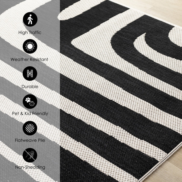 Jackson Black White Abstract Lines Outdoor Rug, 6'7\" x 9'6\" Outdoor Area Rug