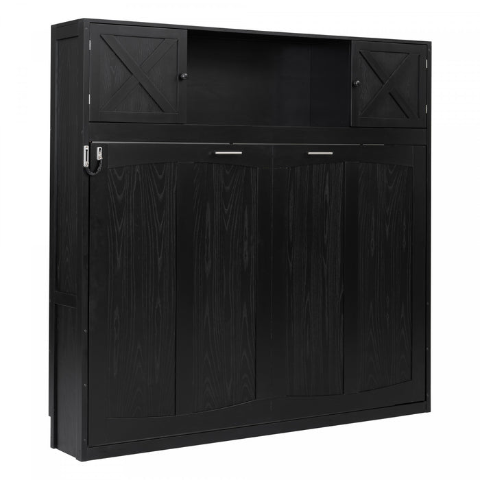 Ethan Solid Wood Murphy Bed with Storage Cabinets,Queen Size,Black Queen Bed