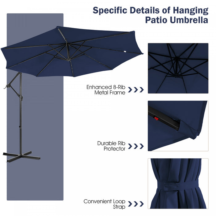Costway 10FT Cantilever Solar Powered 32LED Lighted Patio Offset Umbrella Outdoor Navy