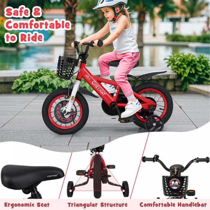 Costway 12\" Kid's Bike For 3-4 With Height-adjustable Handlebar & Saddle Handbrake Red