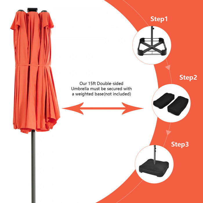 Costway 15FT Twin Patio Double-Sided Umbrella 48 Solar LED Lights Crank Outdoor Orange