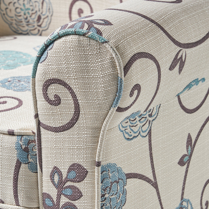 Catherine Linen-look Fabric Accent Chair With Wood Legs - White and Blue