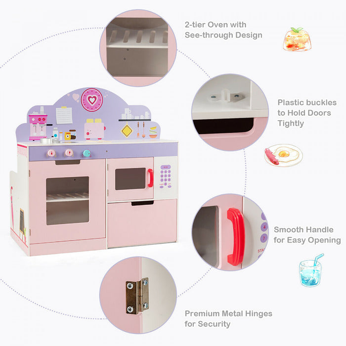 Costway 2 In 1 Kids Play Kitchen & Cafe Restaurant Wooden Pretend Cooking Playset Toy