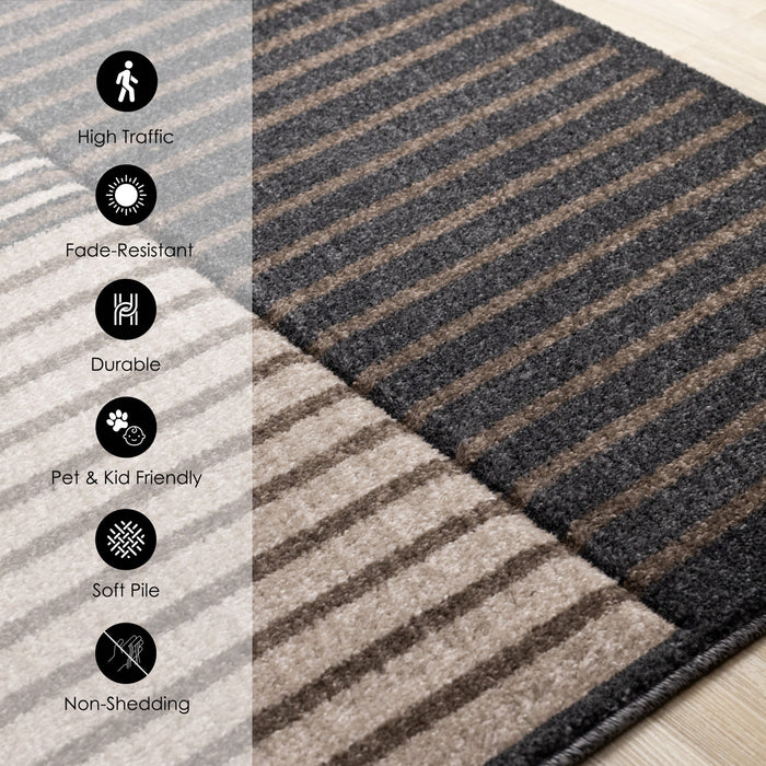 Maverick Beige Brown Black Striped Design Rug, 7'10\" x 10'6\" Indoor Area Rug