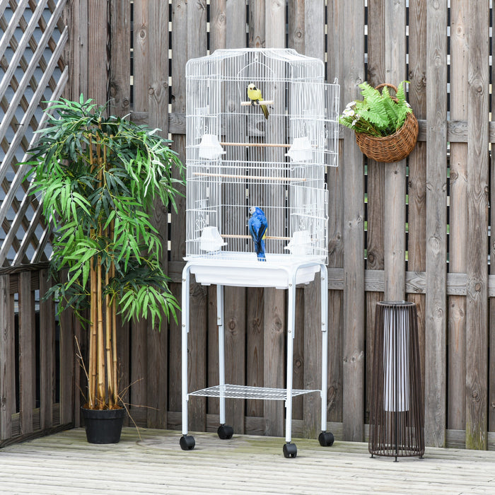 Pawhut 62\" Bird Cage Budgie Cage With Wheels, Detachable Stand, Storage, White
