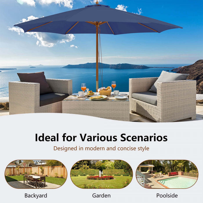 Costway 10FT Patio Wooden Market Table Umbrella Pulley with 8 Bamboo Ribs Sunshade Canopy Navy