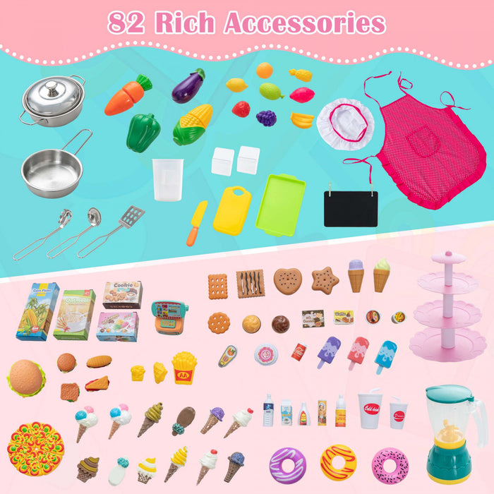 Costway 2-in-1 Kids Kitchen & Market With Realistic Light & Sound 82 Accessories Included