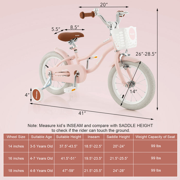 Costway 14\" Kid's Bike With Removable Training Wheels & Basket For 3-5 Years Old Pink