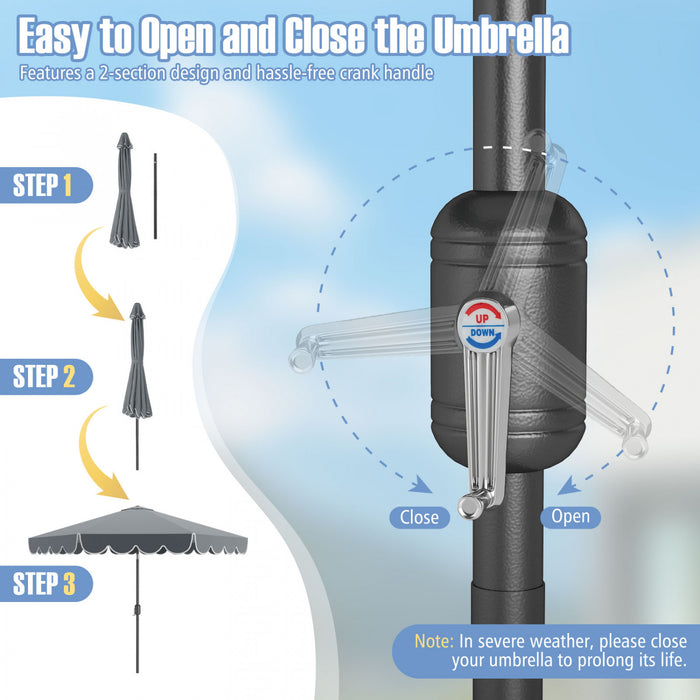 Costway 10 FT Patio Umbrella with Crank Tilt Adjustment Ruffles Vented Top 8 Ribs Gray