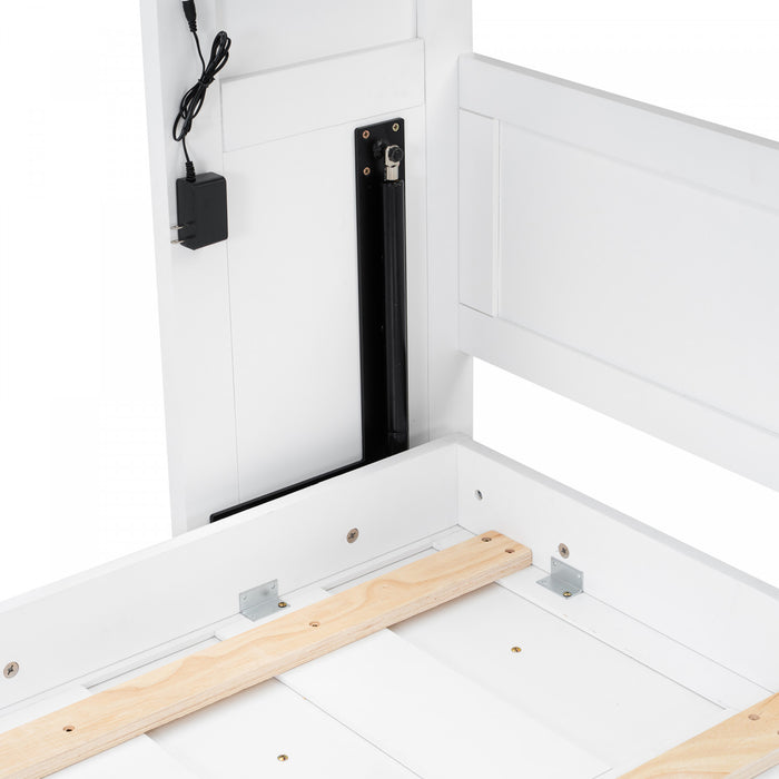Olivia Solid Wood Murphy Bed with LED Light and Foldable Cabinet,Twin Size,White Twin Bed