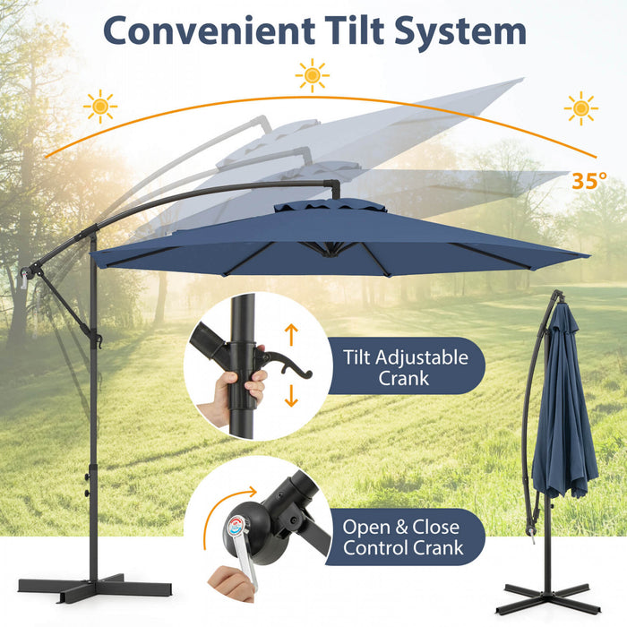 Costway 10 FT Patio Offset Umbrella w/8 Ribs Cross Base Tilt Navy Blue