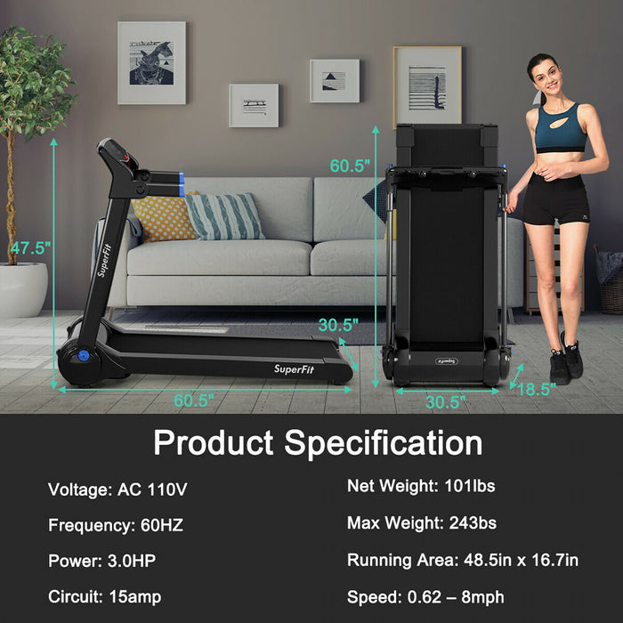 Superfit 3hp Folding Electric Treadmill Running Machine W/ Speaker Blue