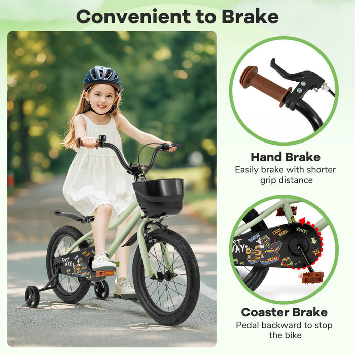 Costway 16\" Kid's Bike With Training Wheels Adjustable Handlebar & Seat Handbrake Green
