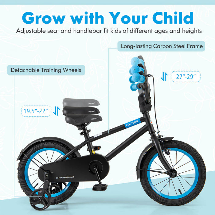 Costway 14\" Kids Bike With Adjustable Saddle Handlebar Removable Training Wheels Handbrake Black