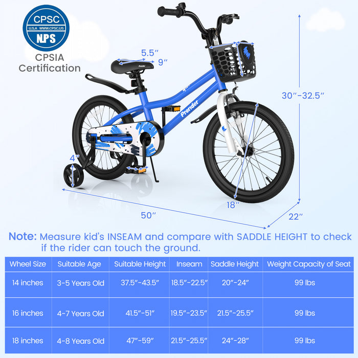 Costway 18\" Kid's Bike With Removable Training Wheels & Basket For 4-8 Years Old Blue
