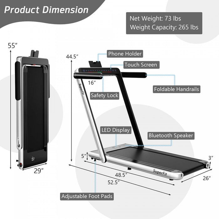 Superfit 2.25hp 2 In 1 Dual Display Folding Treadmill Jogging Machine W/app Control White