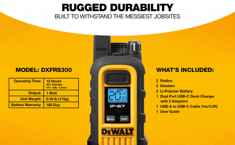 2 Dewalt Dxfrs300 Walkie Talkies Plus Earpieces - 1 Watt, Heavy Duty, 22 Channel Long Range Two Way Radios