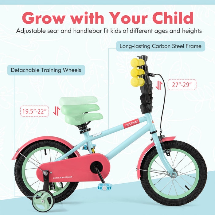 Costway 14\" Kids Bike With Adjustable Saddle Handlebar Removable Training Wheels Handbrake Red
