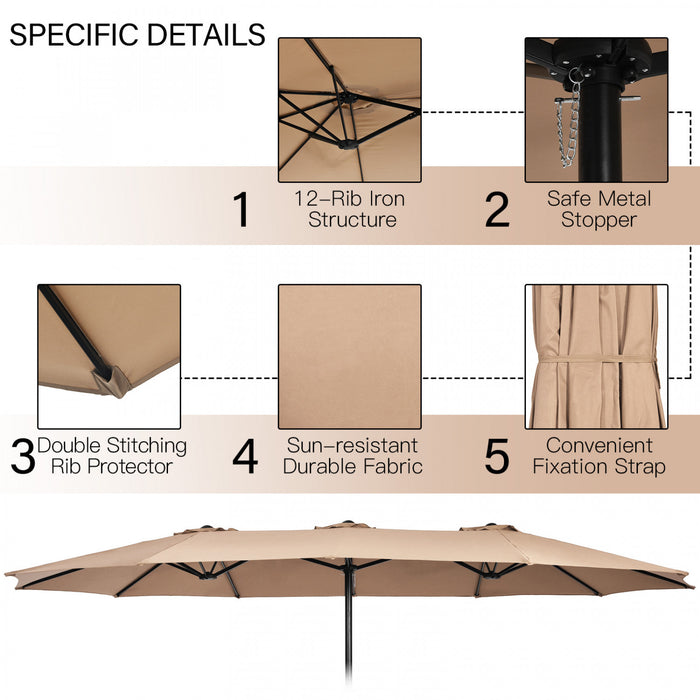 Costway 15FT Double-Sided Twin Patio Umbrella Outdoor Market with Crank & Base Brown