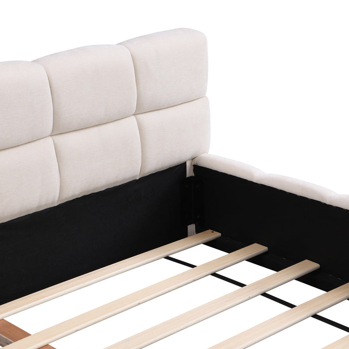 Eleanor Elegant Chenille Upholstered Bed with Checkerboard Design,Queen Size,Beige Queen Bed