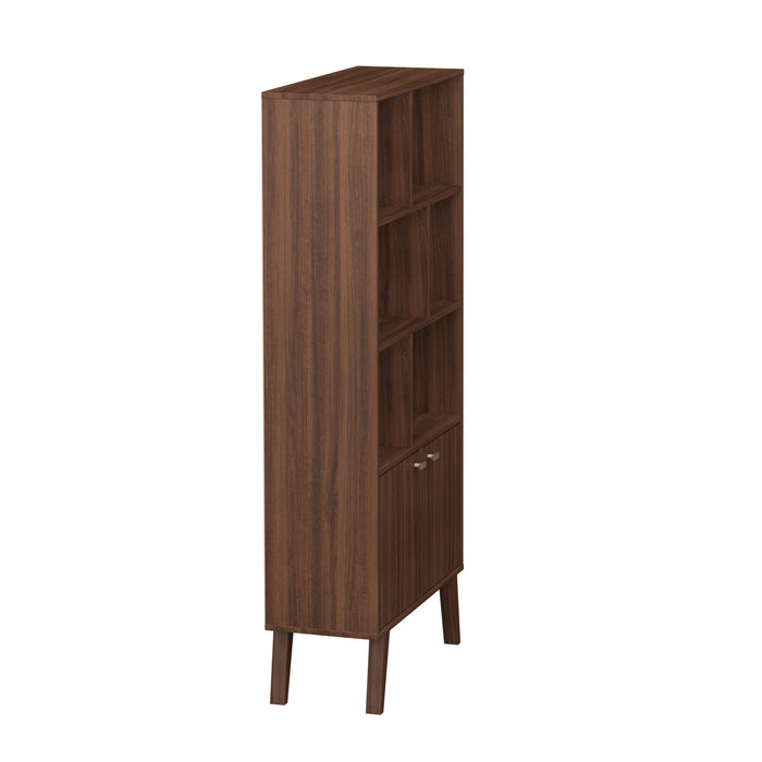 Milo Mid-Century Modern Bookcase with 6 Shelves, 2 Doors & Brushed Brass-Finished Knobs - Cherry