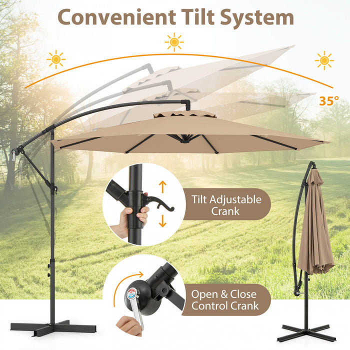 Costway 10 FT Patio Offset Umbrella w/8 Ribs Cross Base Tilt Brown