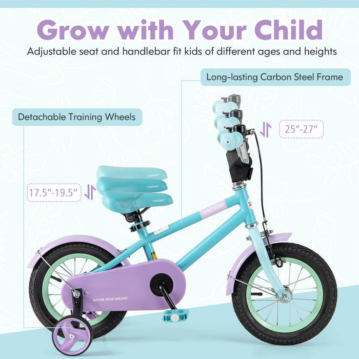 Costway 12\" Kids Bike With Adjustable Saddle Handlebar Removable Training Wheels Handbrake Blue