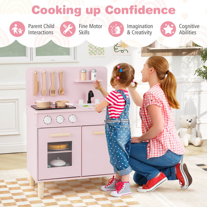 Costway Kids Kitchen Playset With Light Up Stove & Cooking Sounds Oven Sink Faucet Pink
