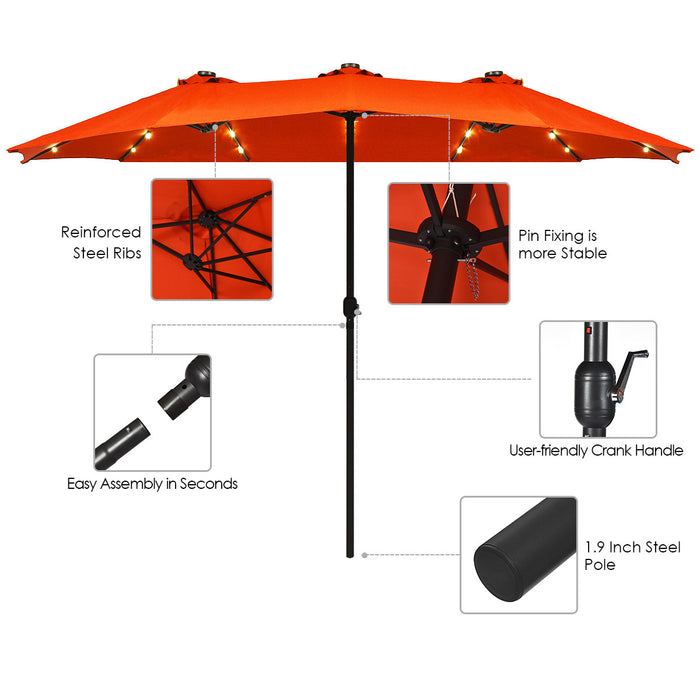 Costway 15Ft Patio Double-Sided LED Market Umbrella Crank Solar Powered Orange