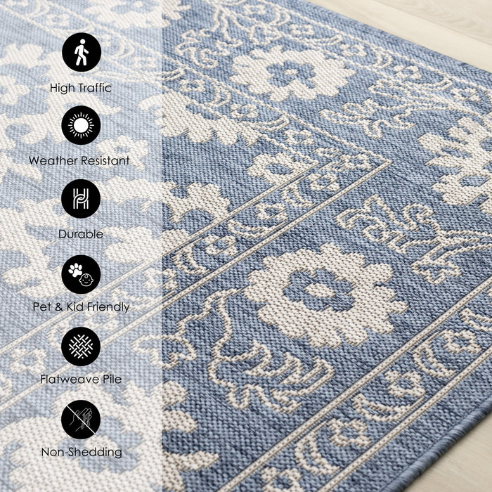 Cabana Blue White Elegant Border Outdoor Rug, 5'3\" x 7'7\" Outdoor Area Rug