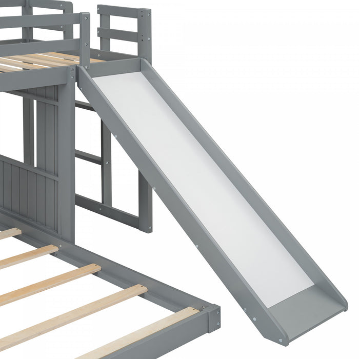Marico Twin Over Solid Wood Full Bunk Bed With Slide, Playhouse Design, Grey