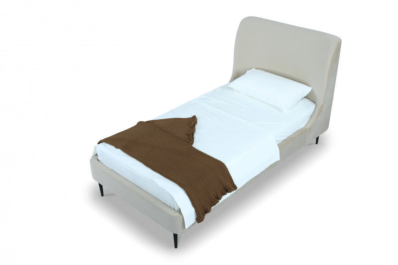 Heather Mid-Century Modern Velvet Upholstered Twin Bed in Cream and Black