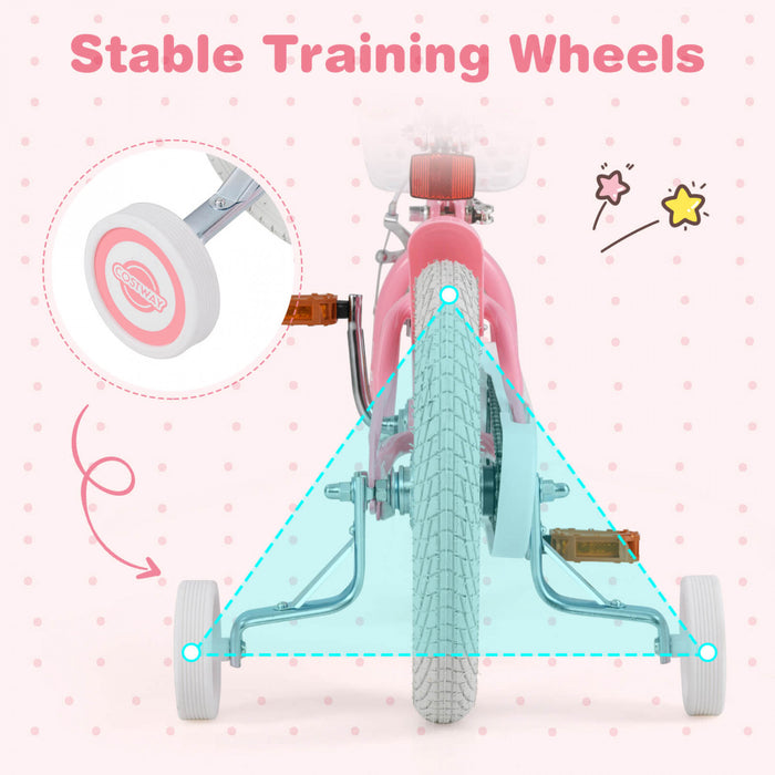 Costway 14\" Kid's Bike With Removable Training Wheels & Basket For 3-5 Years Old Pink