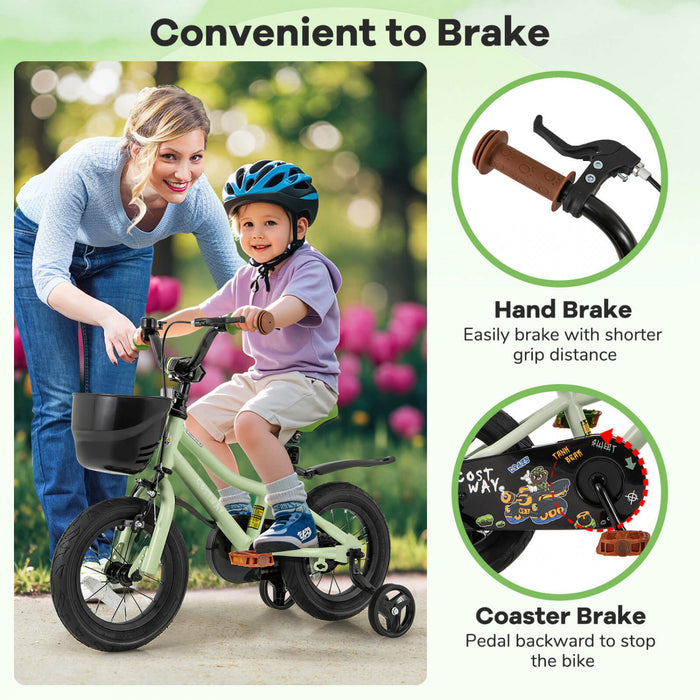 Costway 12\" Kid's Bike With Training Wheels Adjustable Handlebar & Seat Handbrake Green