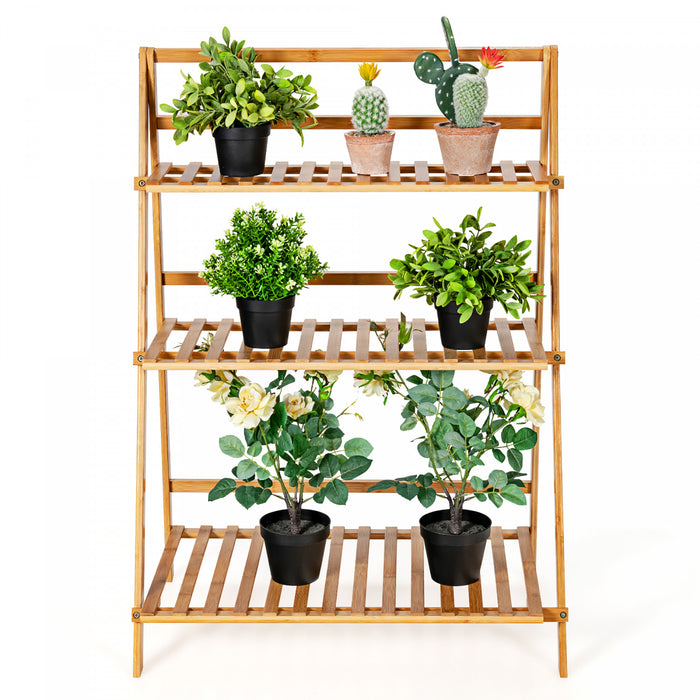 Costway Bamboo Ladder Plant Stand 3-tier Foldable Flower Pot Display Shelf Rack Natural