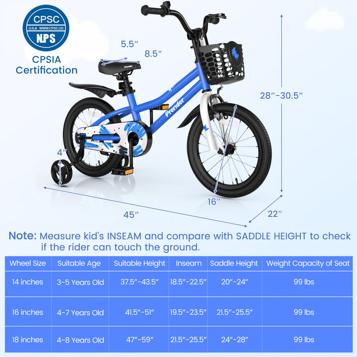 Costway 16\" Kid's Bike With Removable Training Wheels & Basket For 4-7 Years Old Blue