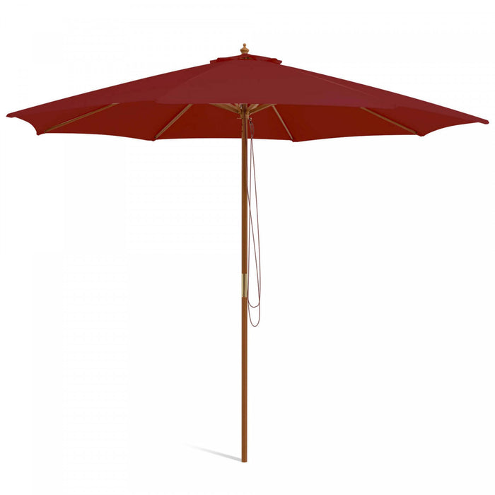 Costway 10FT Patio Wooden Market Table Umbrella Pulley with 8 Bamboo Ribs Sunshade Canopy Wine