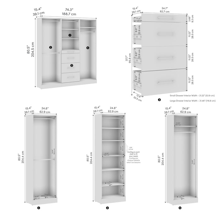 Bestar Florence 74\" Modular Reach-In Closet System with Rods and Storage - White