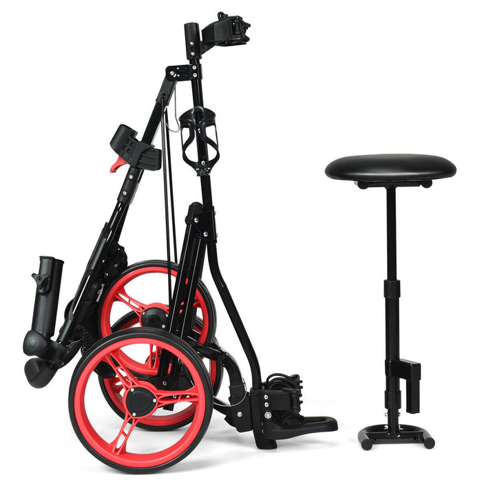 Costway Foldable 3 Wheel Push Pull Golf Club Cart Trolley W/seat Scoreboard Bag Red