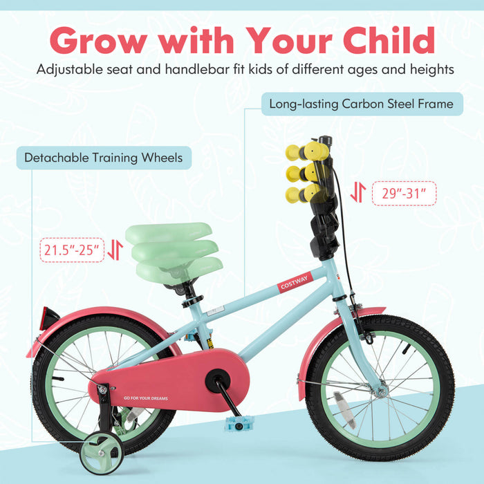 Costway 16\" Kids Bike With Adjustable Saddle Handlebar Removable Training Wheels Handbrake Red