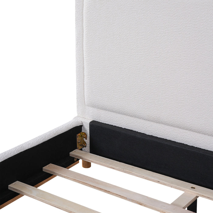 Ethan Low Profile Platform Bed Boucle with Upholstered Curved Headboard,King Size,White King Bed