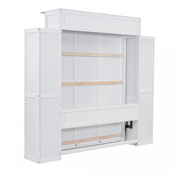Aiden Murphy Bed with Shelves and LED Lights,Queen Size,White Queen Bed
