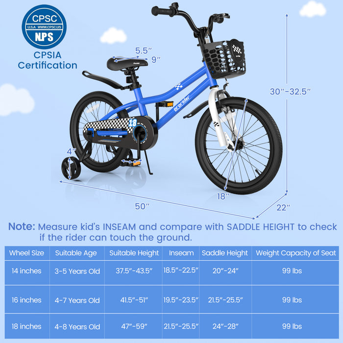 Costway 18\" Kid's Bike With Removable Training Wheels & Basket For 4-8 Years Old Blue