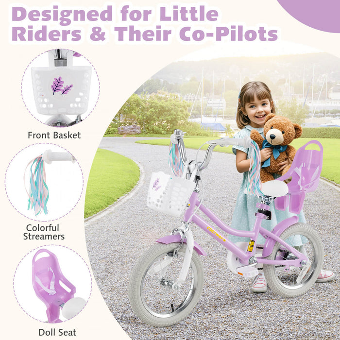 Costway 14 Inch Kids Bike With Training Wheels Doll Seat Basket Streamers Hand Brake Purple