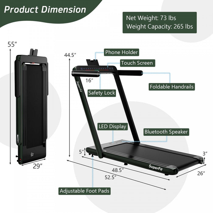 Superfit 2.25hp 2 In 1 Dual Display Folding Treadmill Jogging Machine W/app Control Green